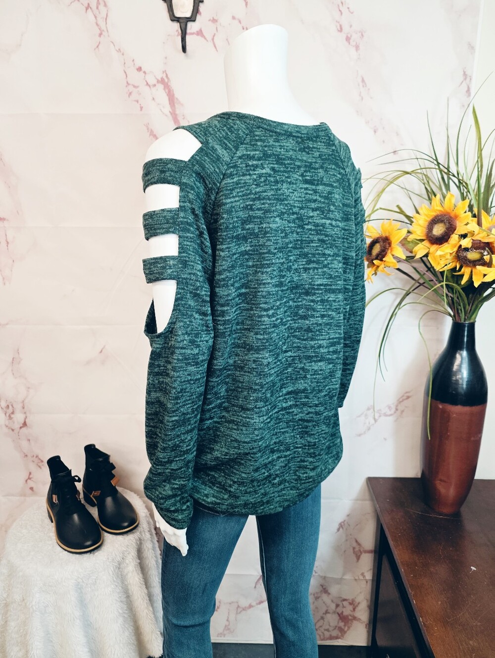Always Indigo Cold Shoulder Ladder Sleeve Heathered Teal Long Sleeve Top Size L - Picture 5 of 7